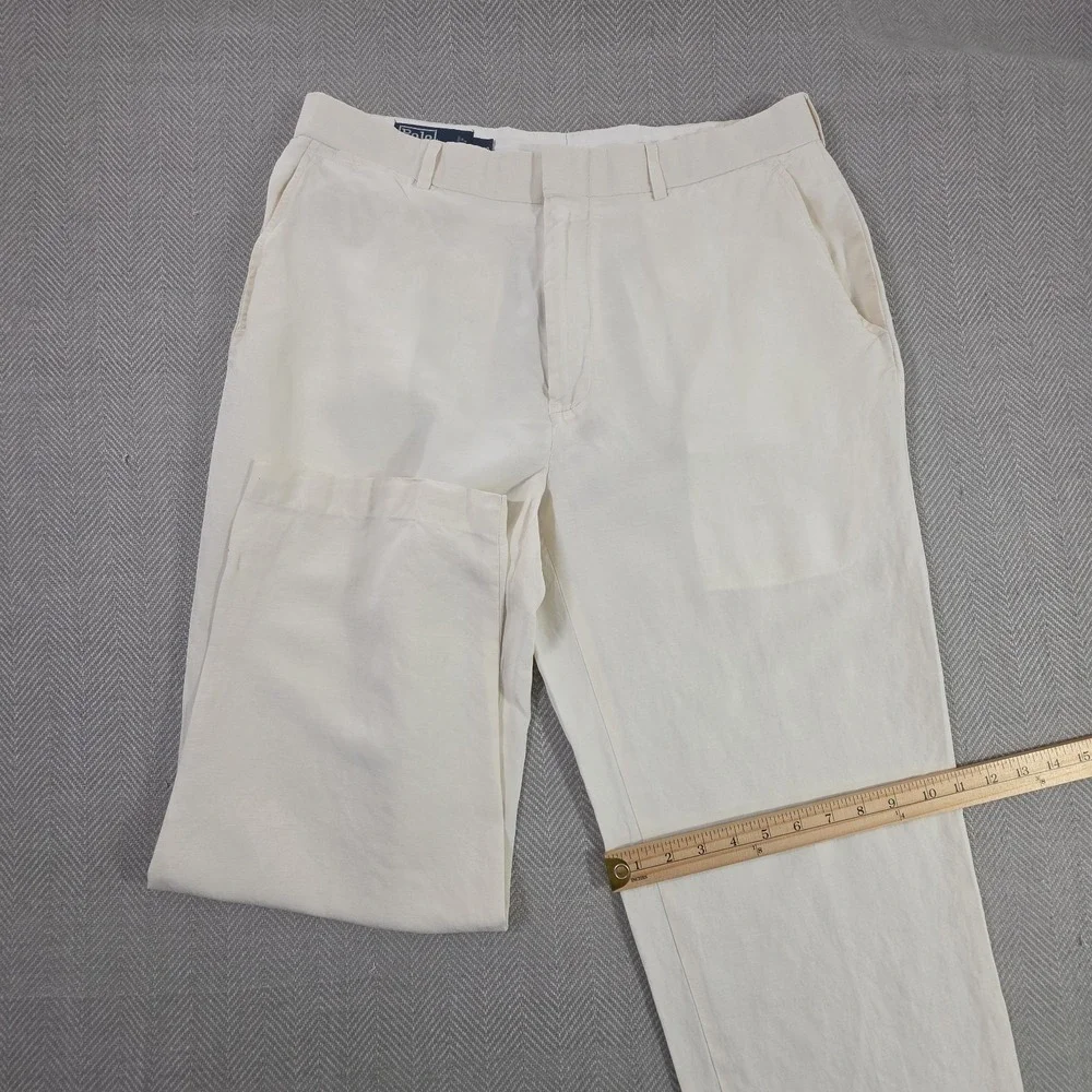 Polo Ralph Lauren Linen Silk Pants Mens 34x30 Off-White Summer Luxury Trousers
